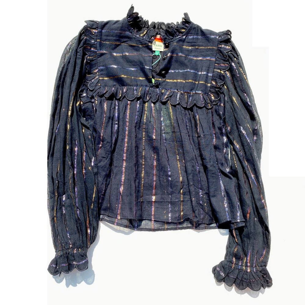 Farm Rio metallic stripe ruffle shirt, size XS. Lurex holiday blouse. NWT!